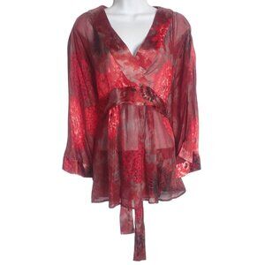 Harari Silk Blouse Women L Red Floral Sheer Ruffle Long Sleeve Asian‎ Inspired